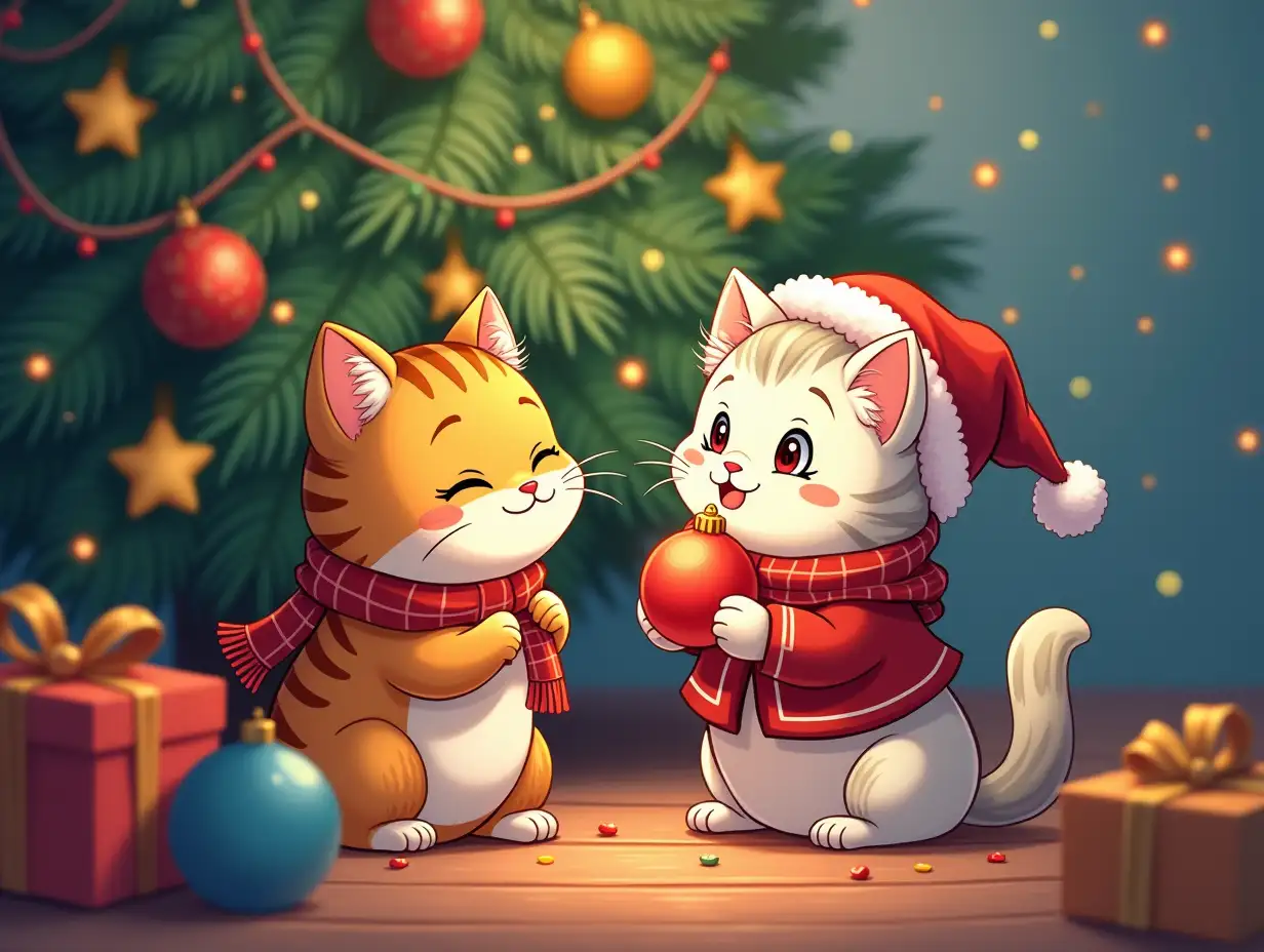 kawaii positive fluffy anime style light multicolor cat and grandmother, hangs a Christmas ball on a lush Christmas tree in an atmosphere of magical light, paint like a sticker in anime style