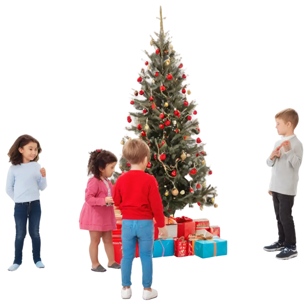 Children-Near-Christmas-Tree-with-Red-Toys-PNG-Image-for-Holiday-Celebrations