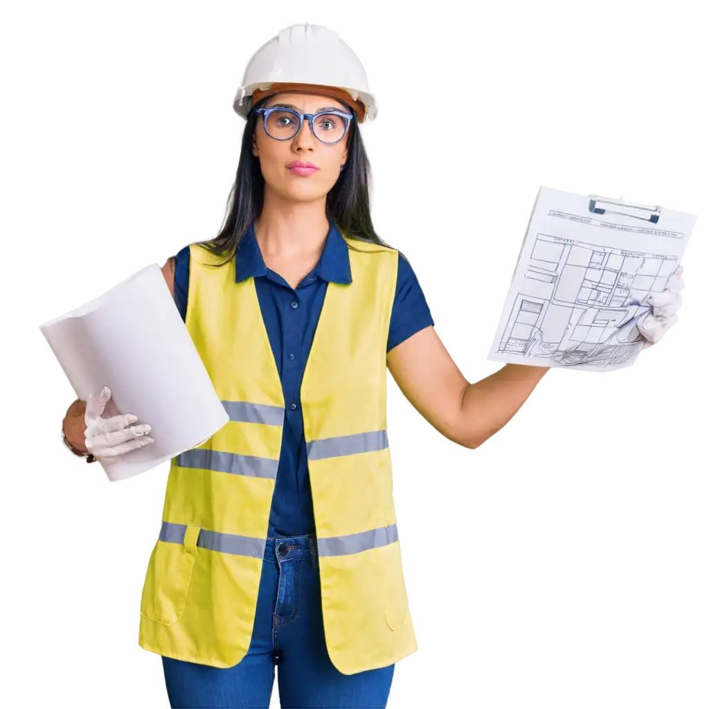 A woman building architect with a construction helmet and a fluorescent vest and protective glasses, holding a blueprint in her hand