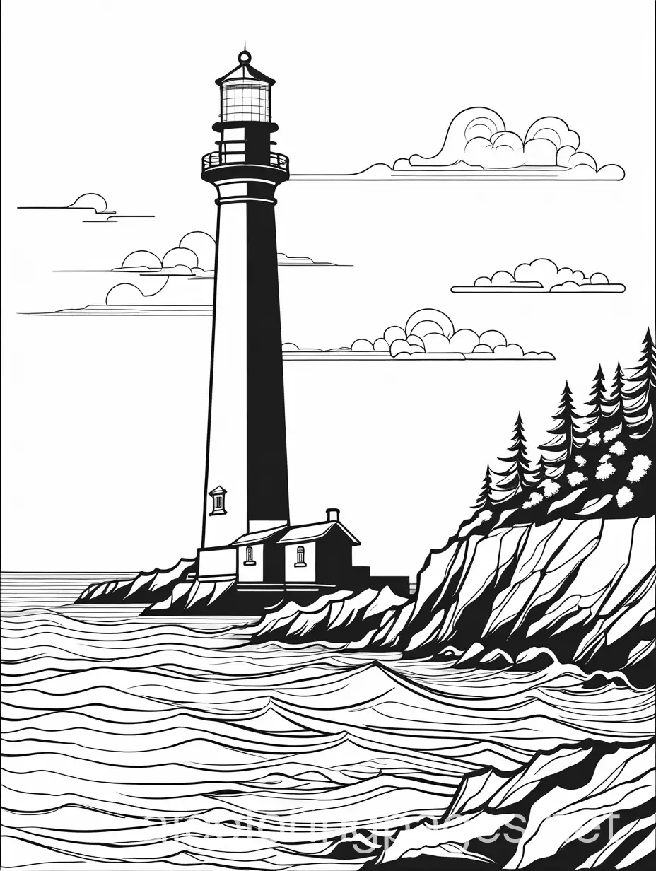 Lighthouse at the coast of an ocean, Coloring Page, black and white, line art, white background, Simplicity, Ample White Space. The background of the coloring page is plain white to make it easy for young children to color within the lines. The outlines of all the subjects are easy to distinguish, making it simple for kids to color without too much difficulty