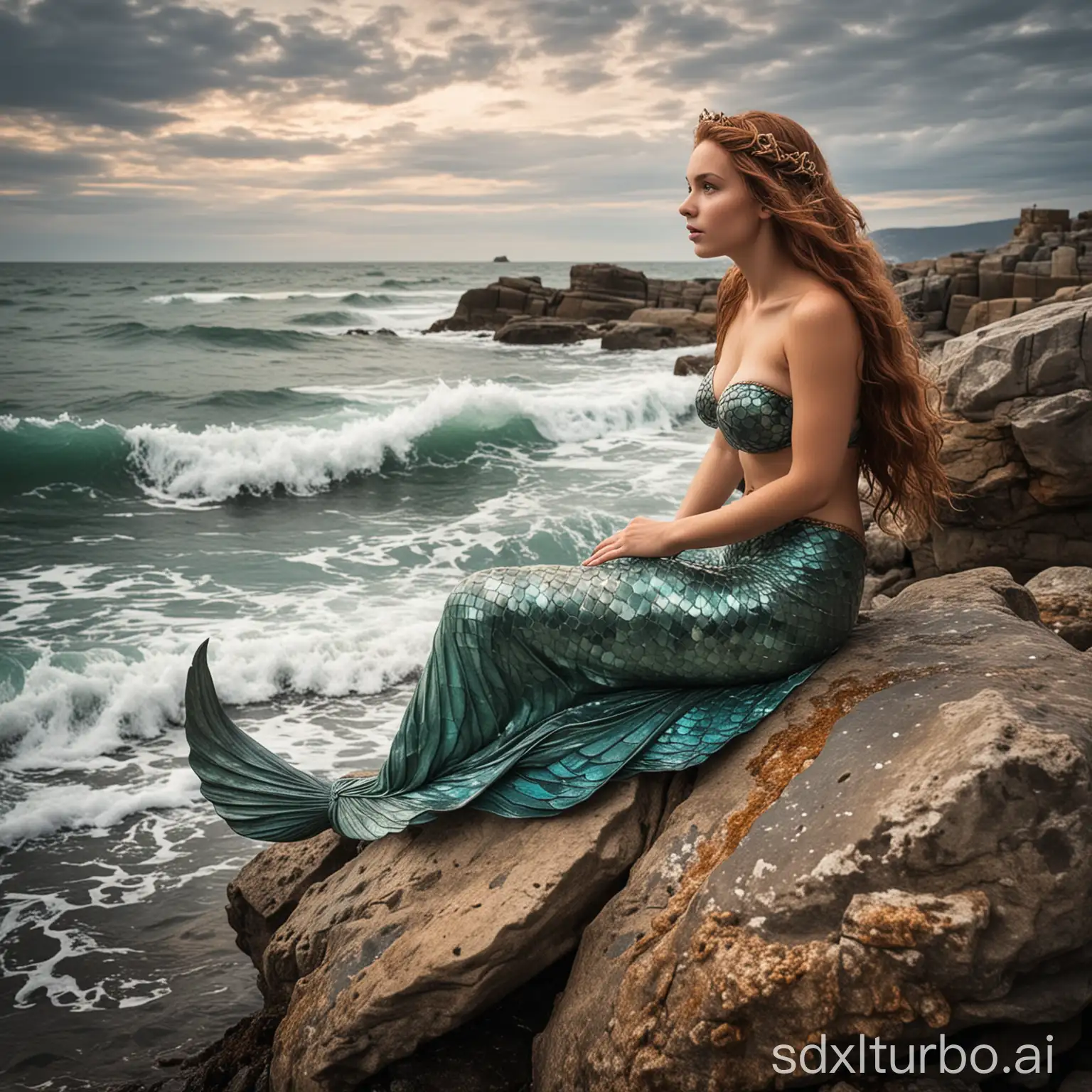 Mermaid-Seated-on-a-Stone-by-the-Sea