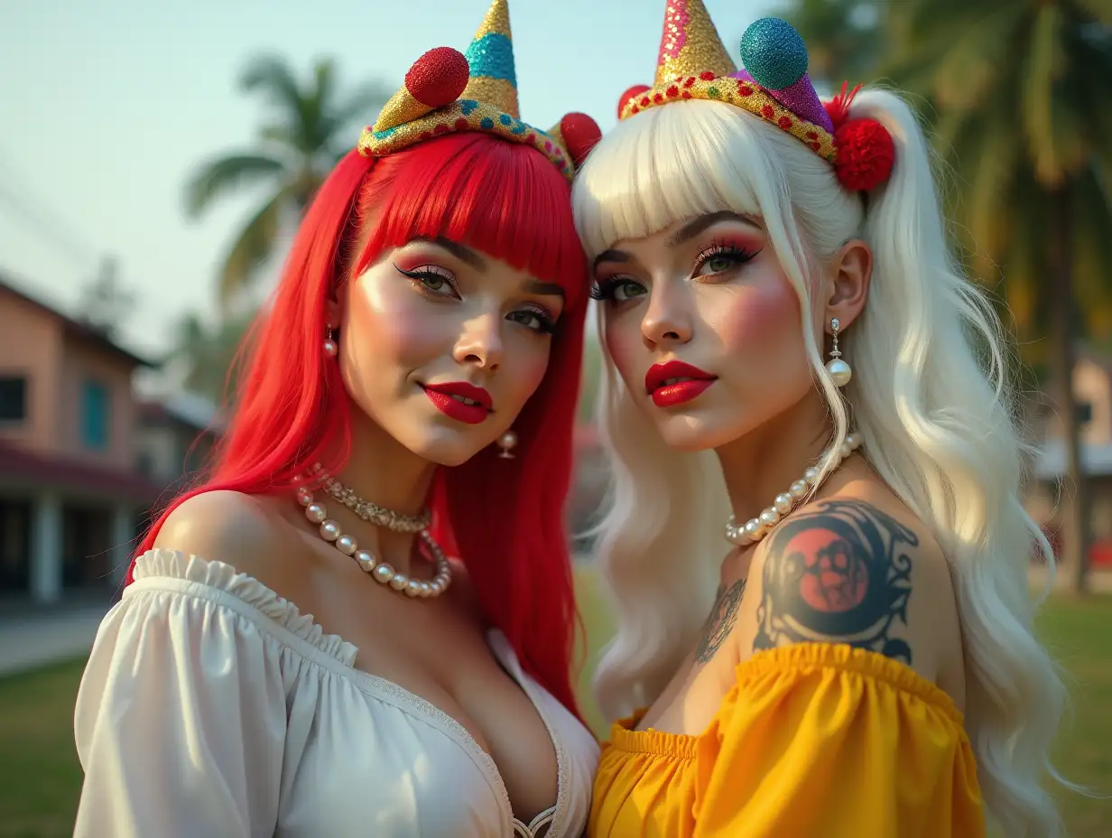 Two white, curvy Pin-up girls with red and white hair, wearing a low-cut blouse in white and yellow, a light smile on their faces, tattoos, with a Rainbow Party Sparkle hat, red lipstick accentuating their smiles, modern jewelry, holding a pearl necklace, in a park with many houses in Cyberpunk India 8k quality