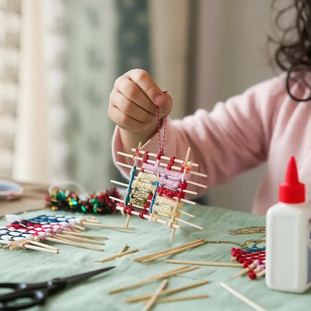 Handmade-New-Year-Tree-Toy-Created-from-Threads-and-Wooden-Sticks-at-a-Childrens-Craft-Class