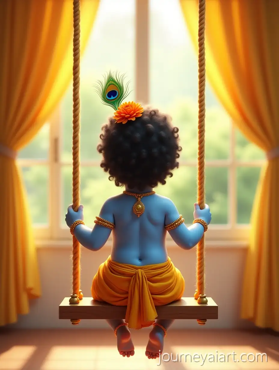 Baby-Krishna-on-SwingBaby-Krishna-on-Traditional-Swing-in-Peaceful-Room-with-Sunlight-and-Gold-Accents