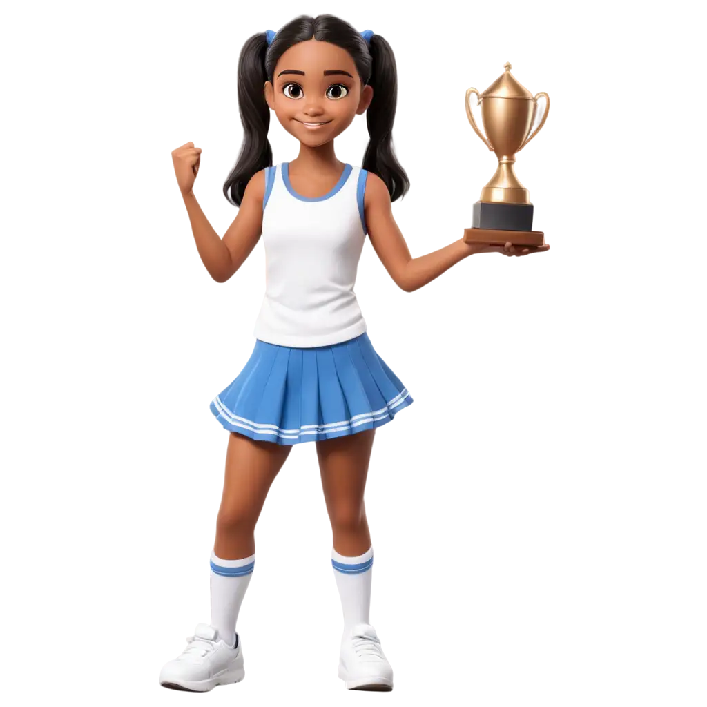 Realistic-Cartoon-Character-PNG-Image-of-a-10YearOld-Girl-Celebrating-with-Trophy