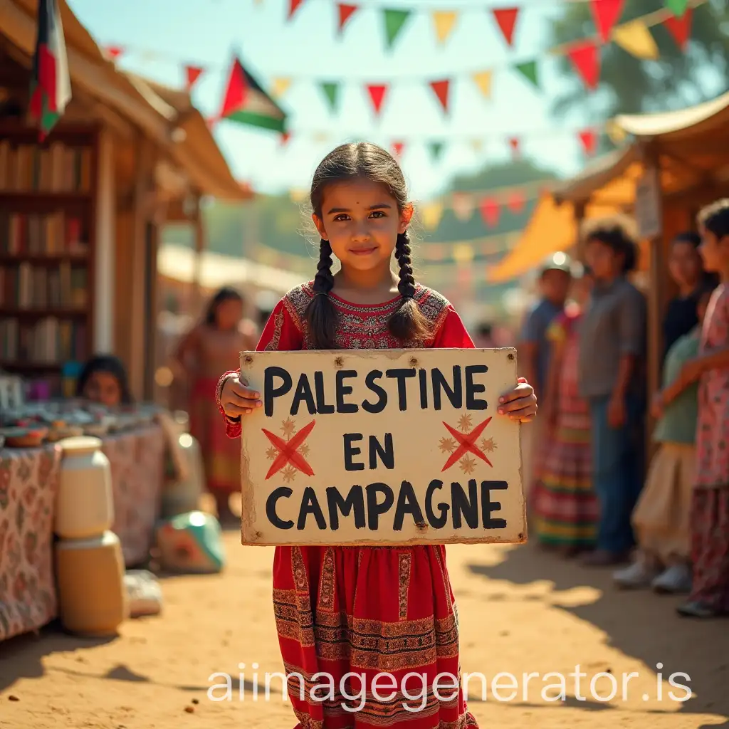 Generate a vibrant high resolution image of a Palestinian girl, aged between 6 and 12 years old, dressed in traditional cultural attire, holding a sign that reads 'Palestine En Campagne'. The scene takes place in a sunny countryside, surrounded by lively stalls selling books, traditional Palestinian dishes like maqloubeh and knafeh, as well as handmade crafts. The atmosphere is festive with Palestinian flags gently waving in the wind, colorful garlands hanging between the stalls, and smiling spectators watching the dance. The colors are bright and warm with a golden end-of-afternoon light illuminating the scene.