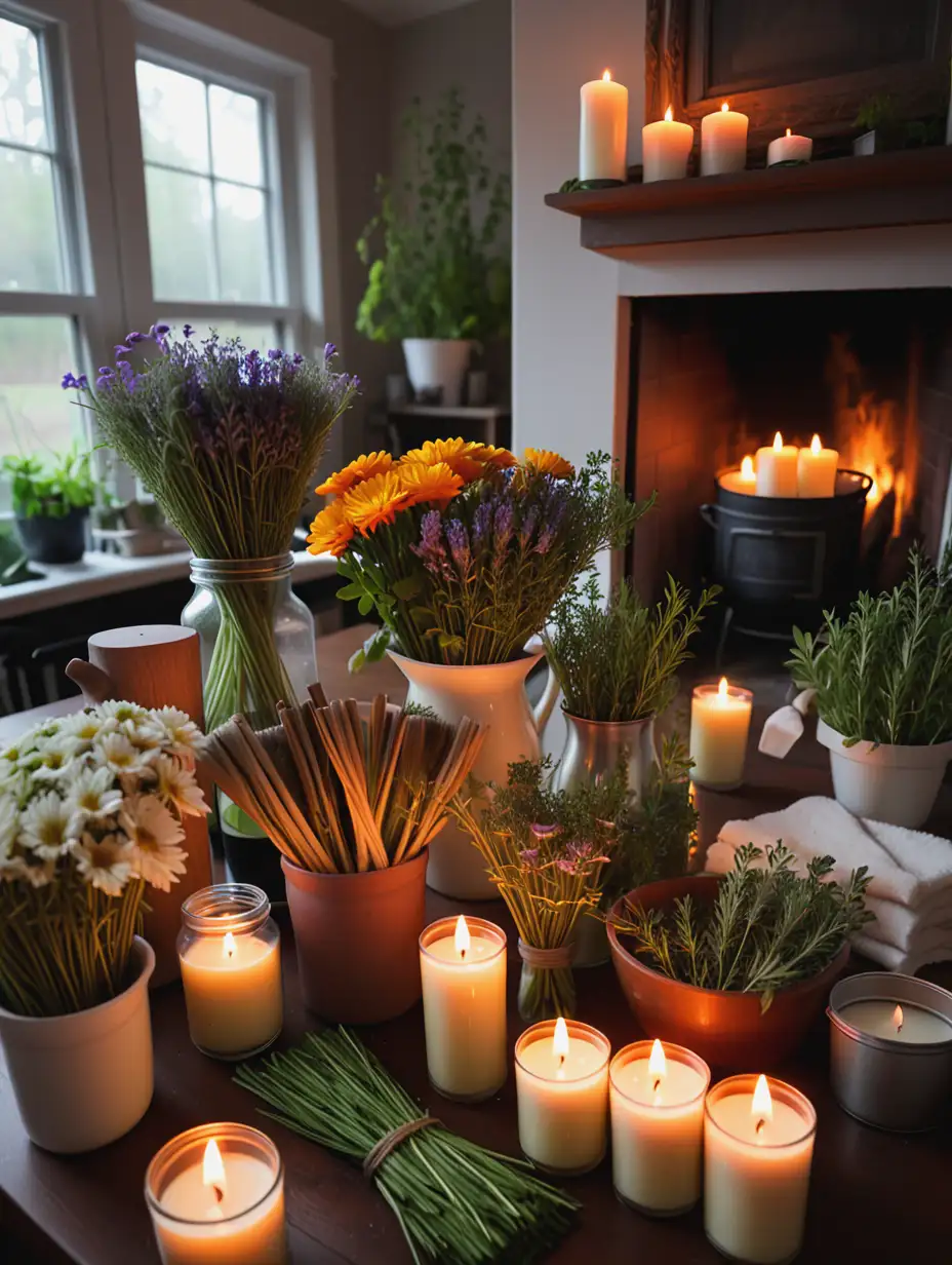 Cleaning the house with candles, fire, herbs, and a bunch of flowers