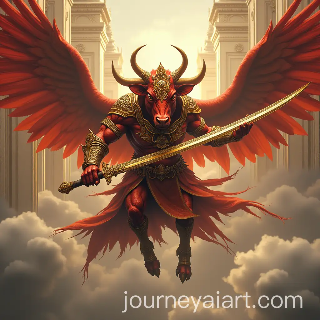 Majestic-Red-Bull-in-Titanium-Armor-Soaring-Above-Java-Temple
