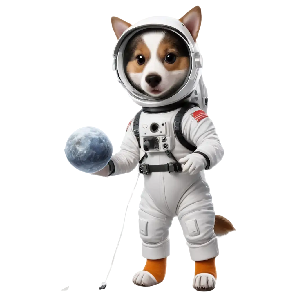 dog in a space suit exploring moon