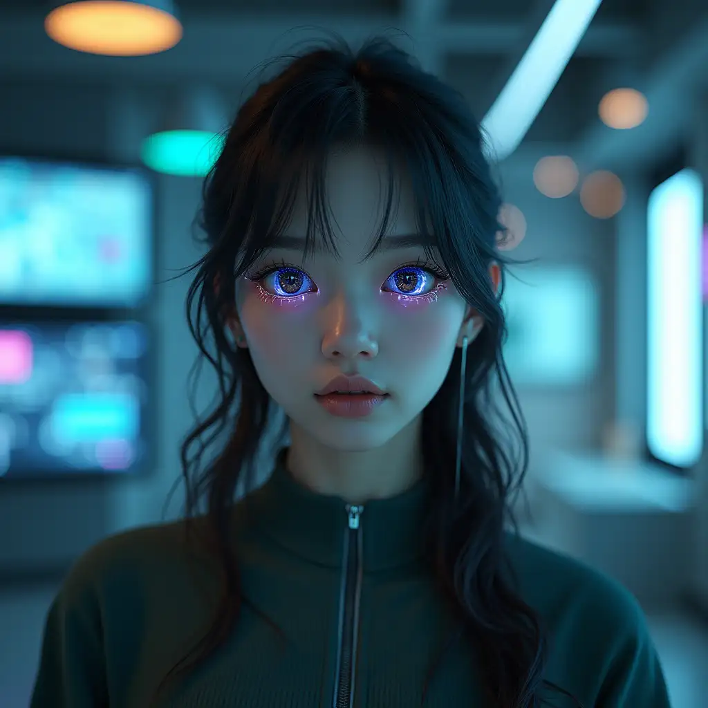 Scenario: A future room or studio where audiovisual content is created. Protagonist: A young Asian woman with cybernetic eyes. Full model image. Hyperrealism.