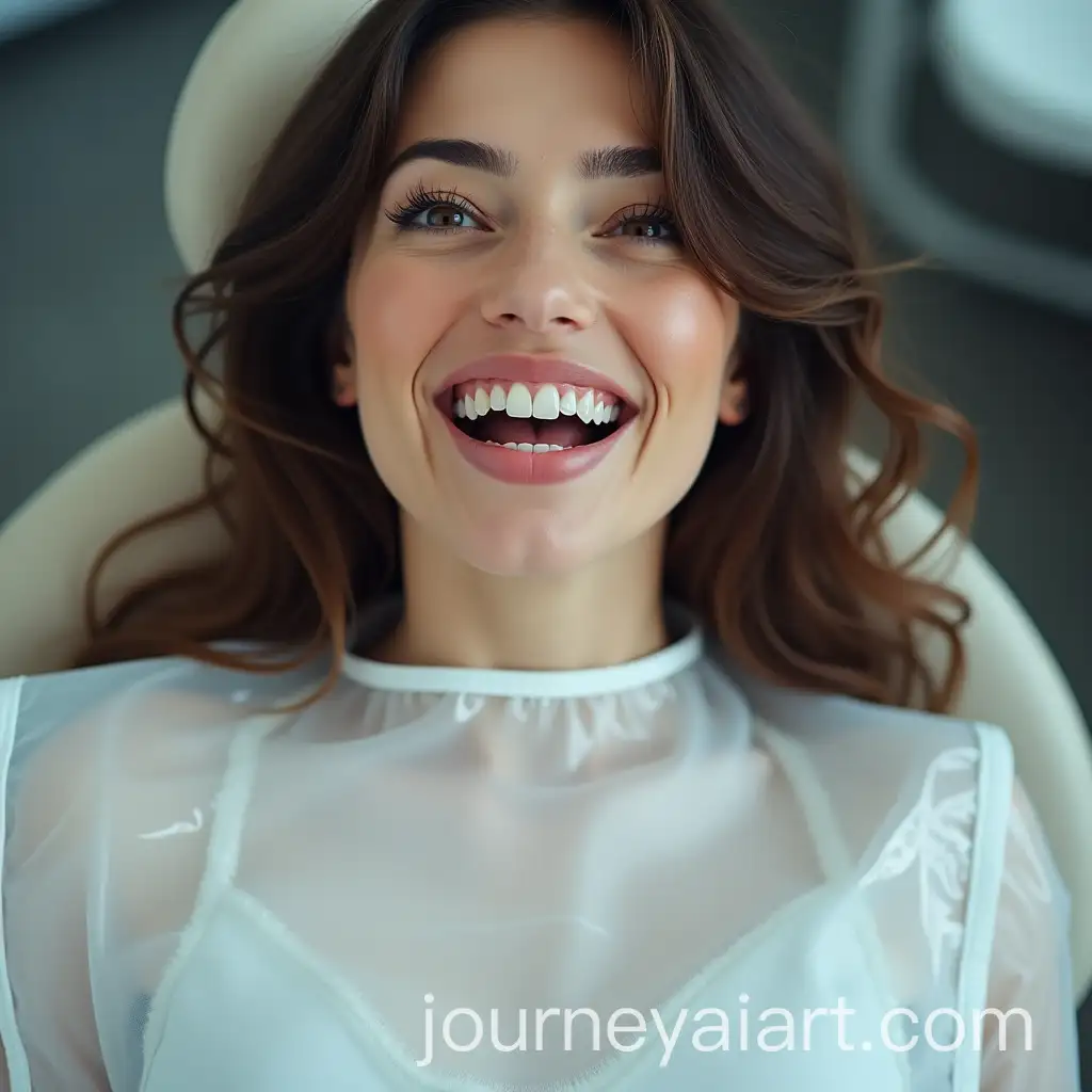 Russian-Woman-with-Messy-Hair-in-Dentist-Chair-with-PVC-Bib-and-Silver-Fillings
