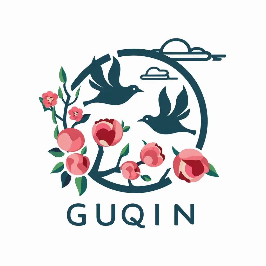 LOGO-Design-For-Guqin-Circular-Shape-with-Biwing-Birds-Peach-Flowers-and-Auspicious-Clouds