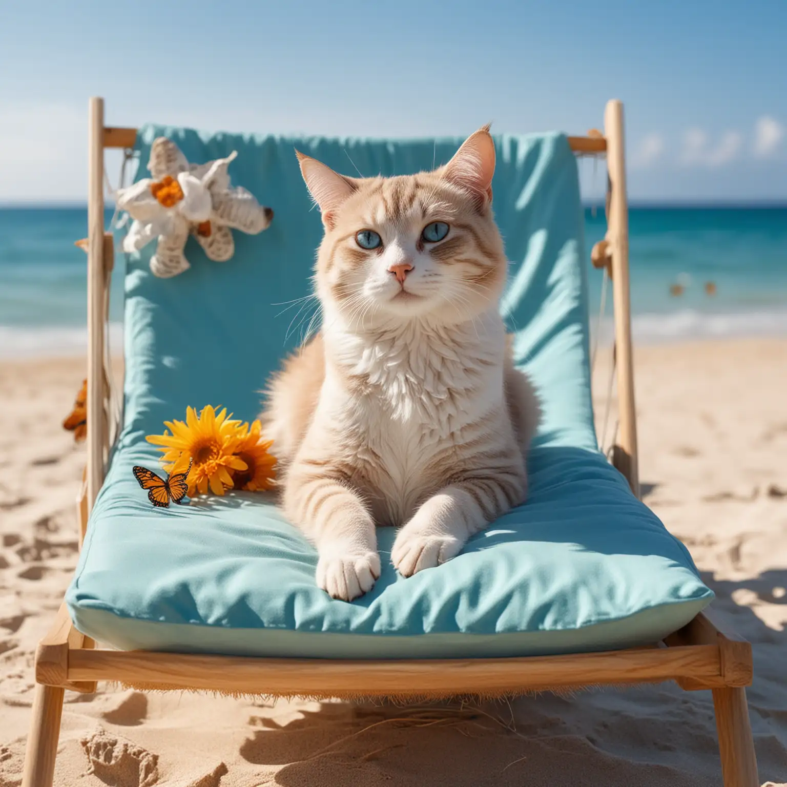 Fashionable-Sports-Cat-Lounging-on-Beach-with-Cocktail-and-Butterflies