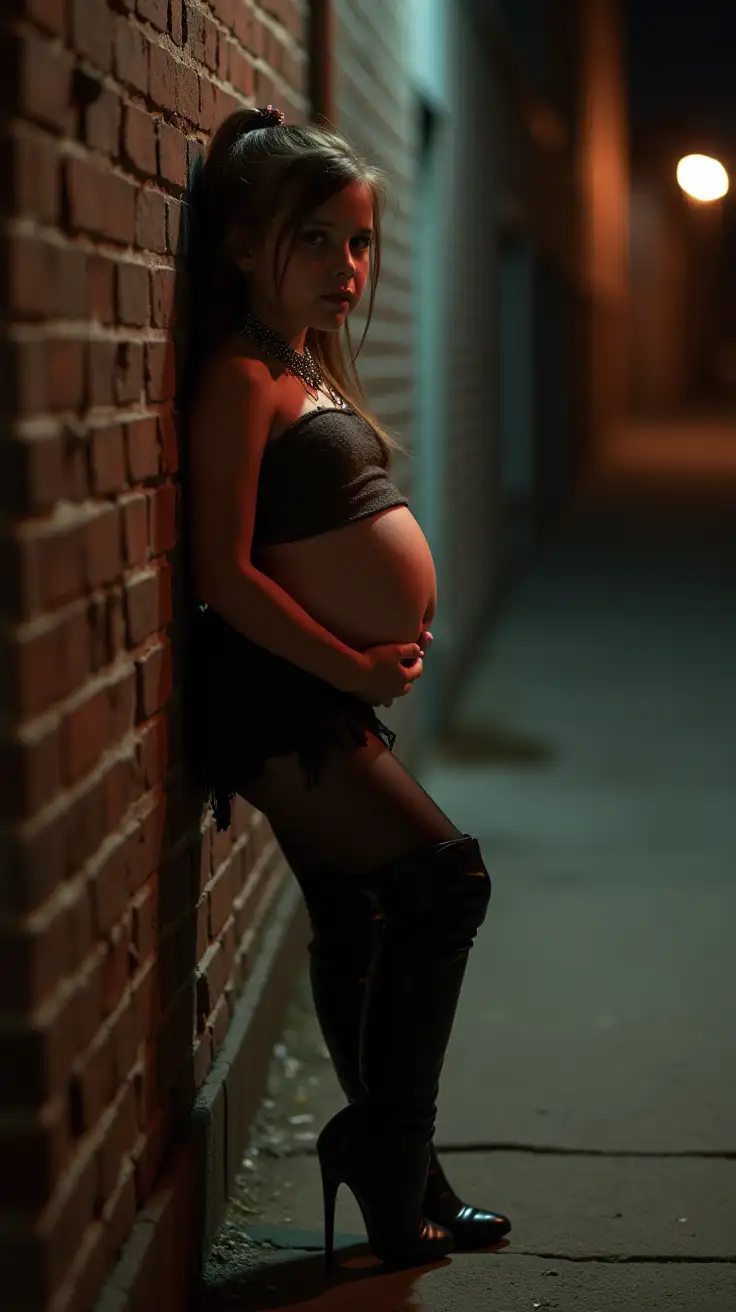 Petite-Young-Girl-in-Alley-at-Night-with-Pregnant-Belly-and-Stiletto-Boots