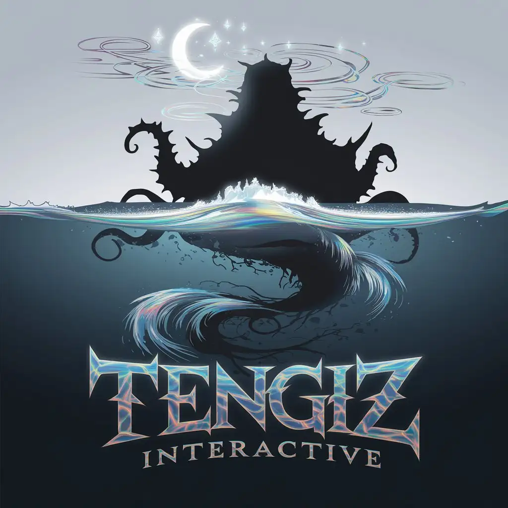 LOGO Design for Tengiz Interactive Enormous Sea Creature Shadow with Glowing Moon and Vortex Theme