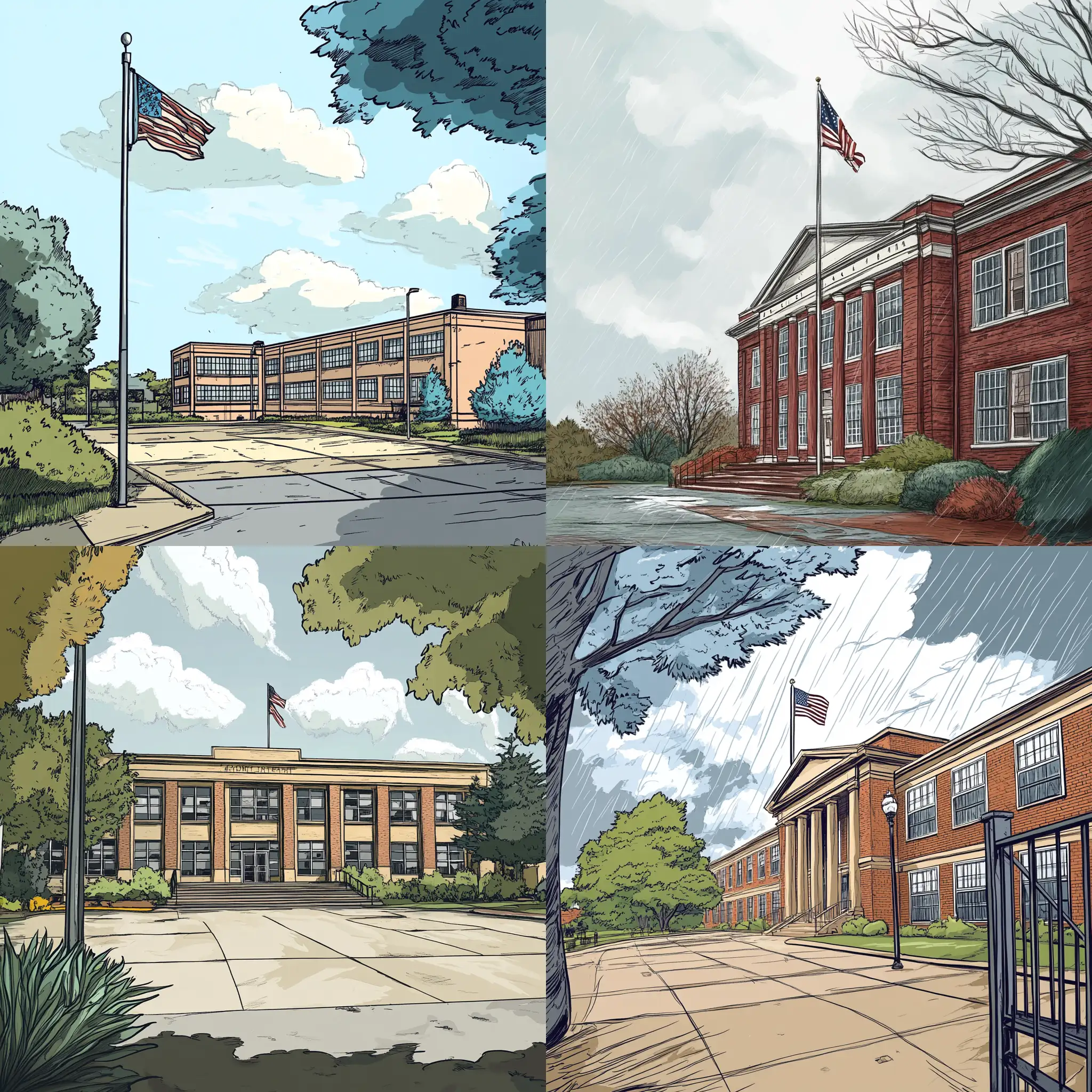 Comic-Style-Illustration-of-a-Senior-American-School-Building-on-a-Cloudy-Day