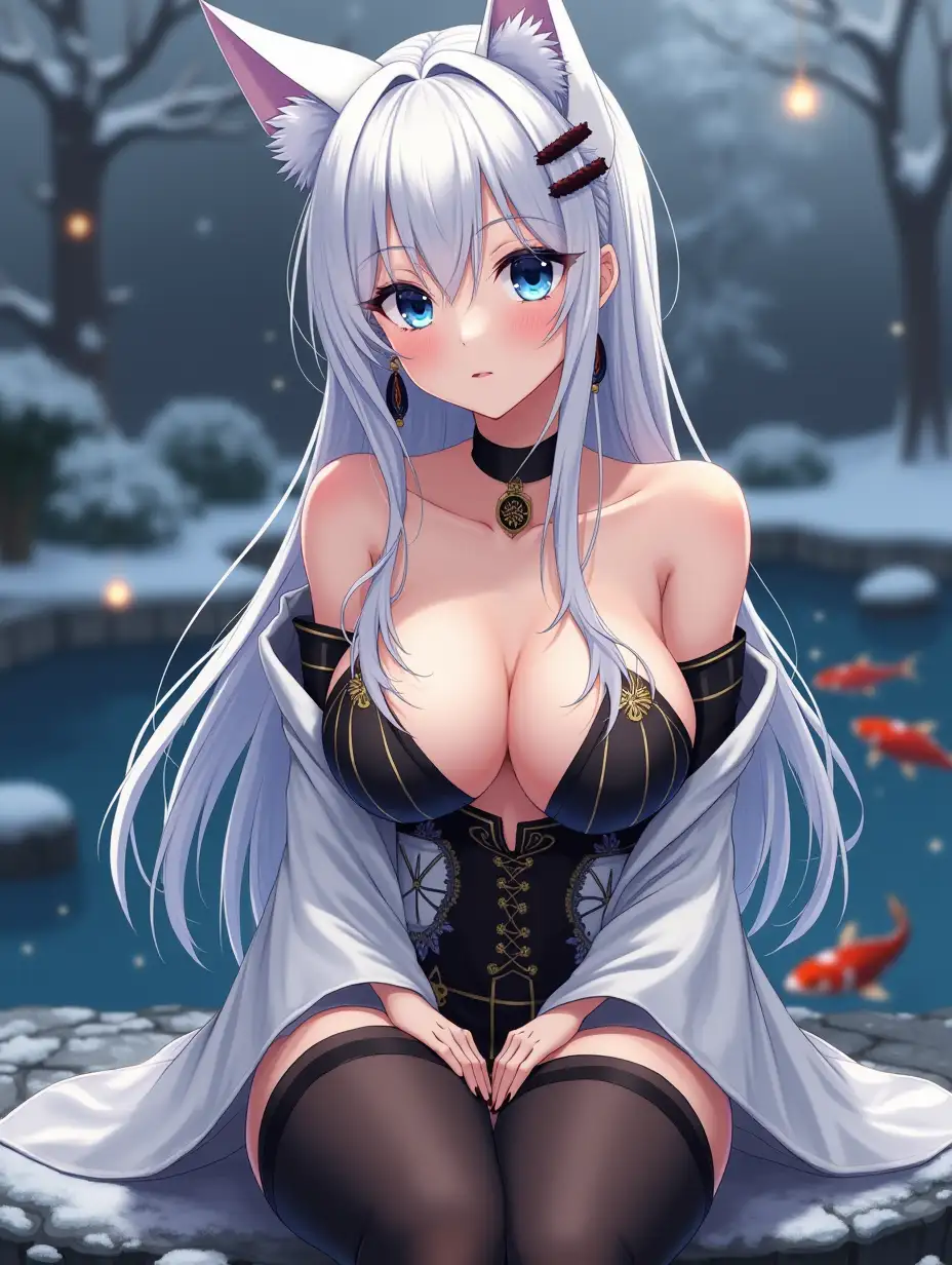 Anime mature adult woman with an hourglass body who looks like she is in her 30's with big breast, extreme cleavage, blue eyes, black and gold earrings, a choker around her neck, long white hair and white cat ears on her head. She is in a extremely revealing Miko outfit in the spring time sitting by a koi fish pond. The background is snowing with Japanese trees blowing in the wind. She light up small laterns for the event tonight.