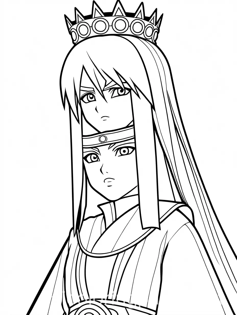 Sasuke Uchiha (Naruto series) dressed as a princess, Coloring Page, black and white, line art, white background, Simplicity, Ample White Space. The background of the coloring page is plain white to make it easy for young children to color within the lines. The outlines of all the subjects are easy to distinguish, making it simple for kids to color without too much difficulty