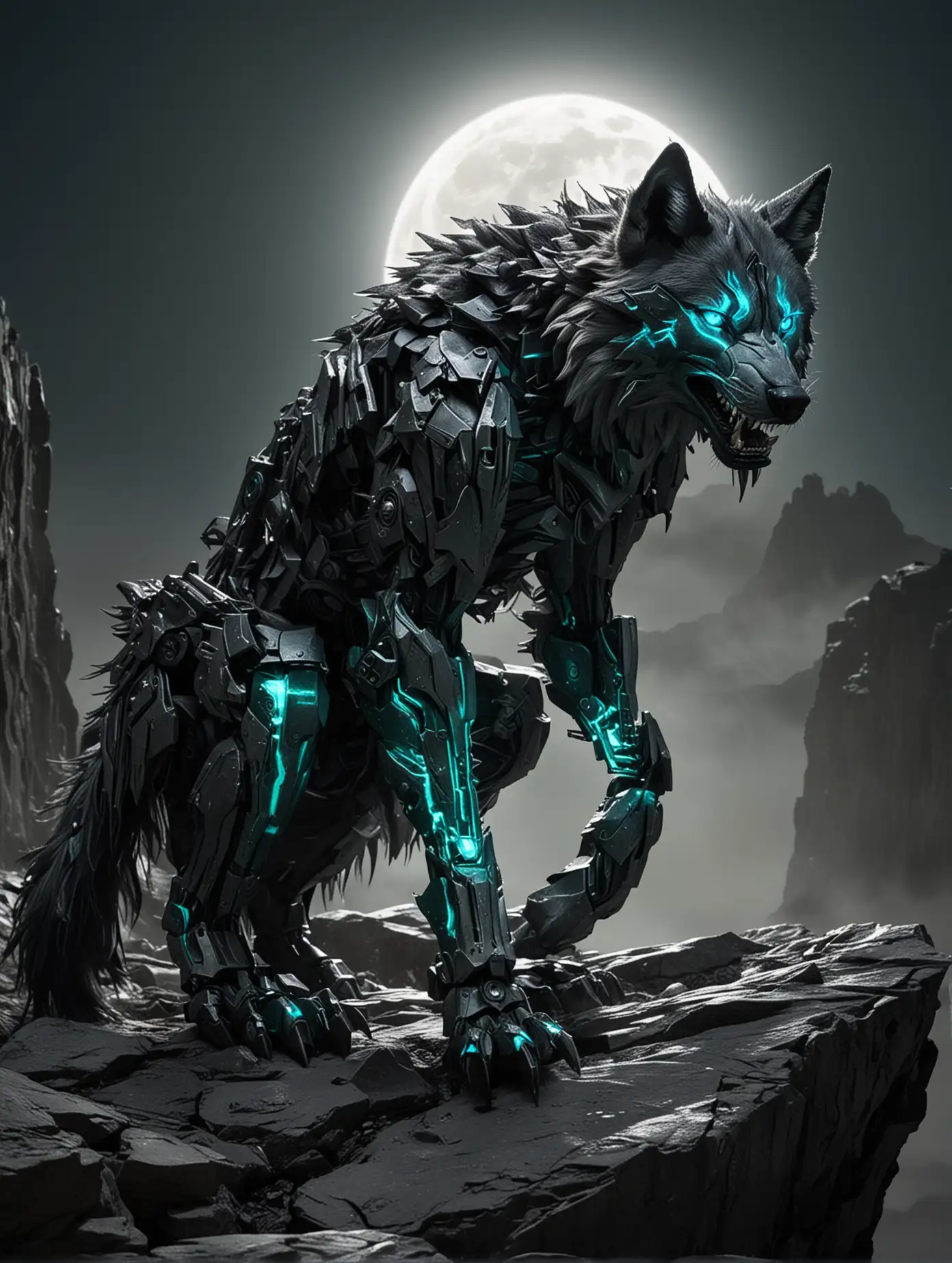 A Transformer-wolf hybrid crouched on a rocky cliff under a full moon. Its glowing green eyes pierce through the darkness, and its body is a mix of matte black and silver panels, with fur-like textures made from flexible metallic fibers. The tail is segmented and sharp, glowing faintly with neon-blue energy. Smoke rises from vents along its back as it howls, revealing sharp titanium fangs. Snow and ice cling to its metallic body, glinting in the moonlight.