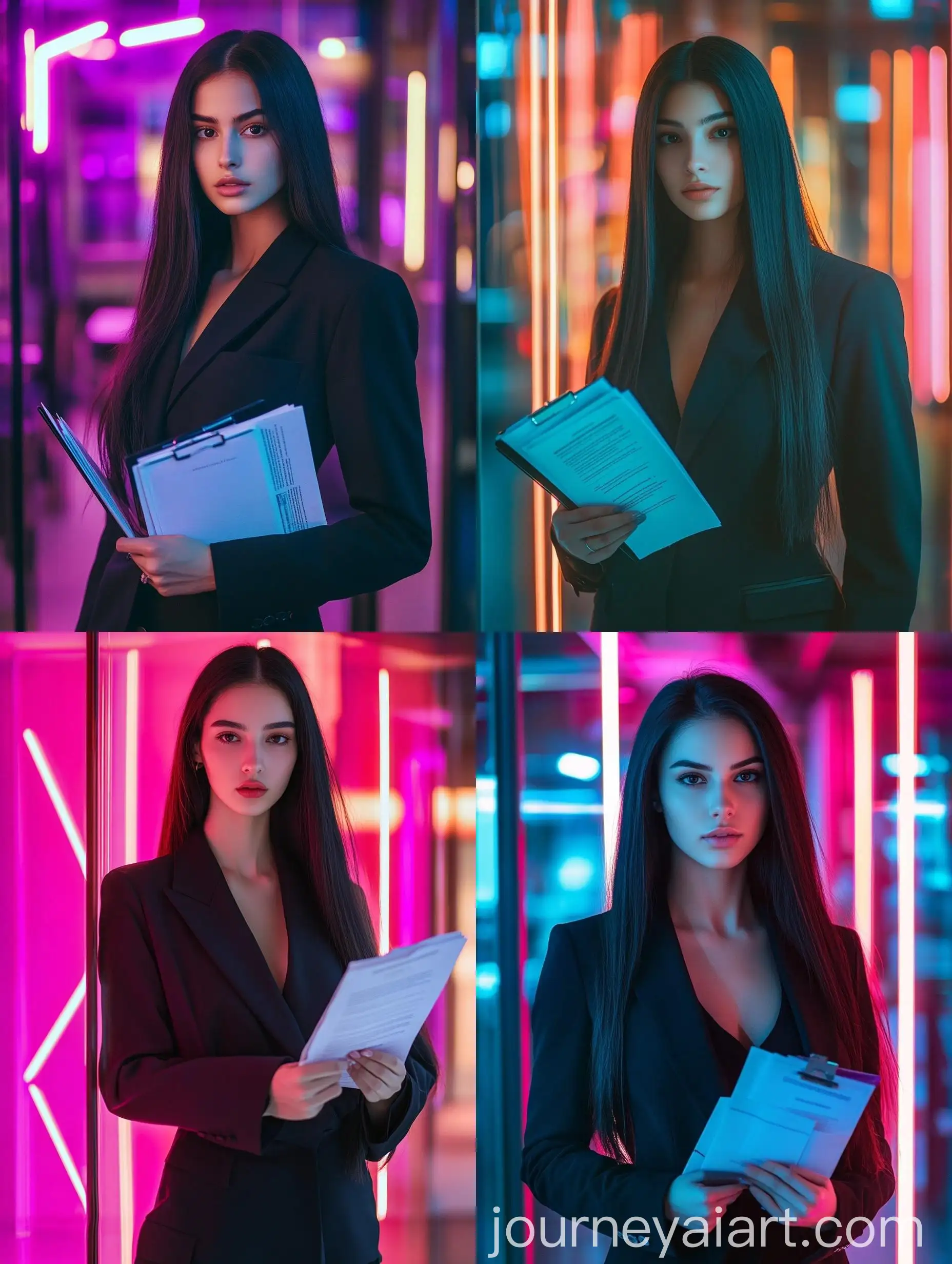 Young-Businesswoman-Holding-Documents-in-Office-Setting-with-Neon-Lights