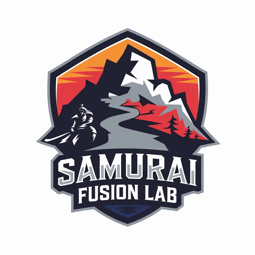 LOGO Design for Samurai Fusion Lab Vector Logo Featuring Mountain River and Samurai Warrior