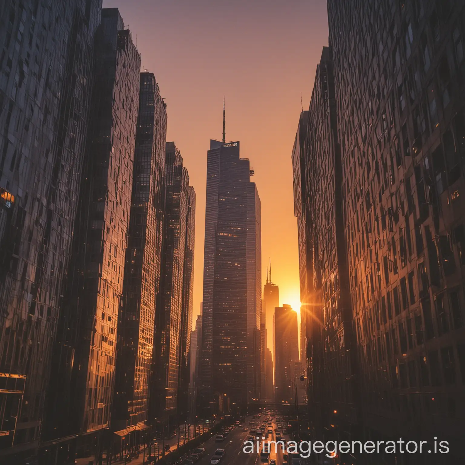 skyscrapers in city at sunset when setting sun