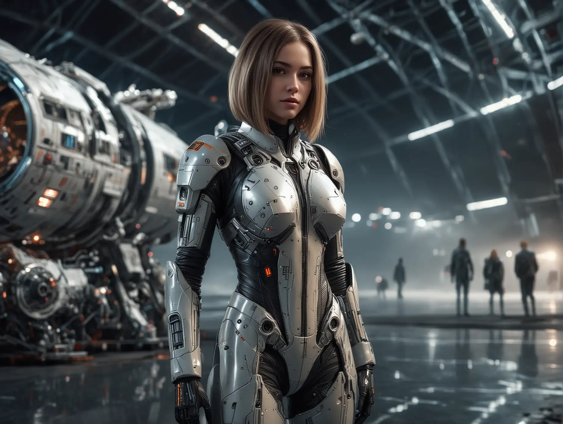 young female, young pretty Caucasian female, long straight bob haircut, full length figure view, wearing highly detailed sci-fi suit, night at brightly lit spaceport, massive spaceship on the background, digital art, highly detailed