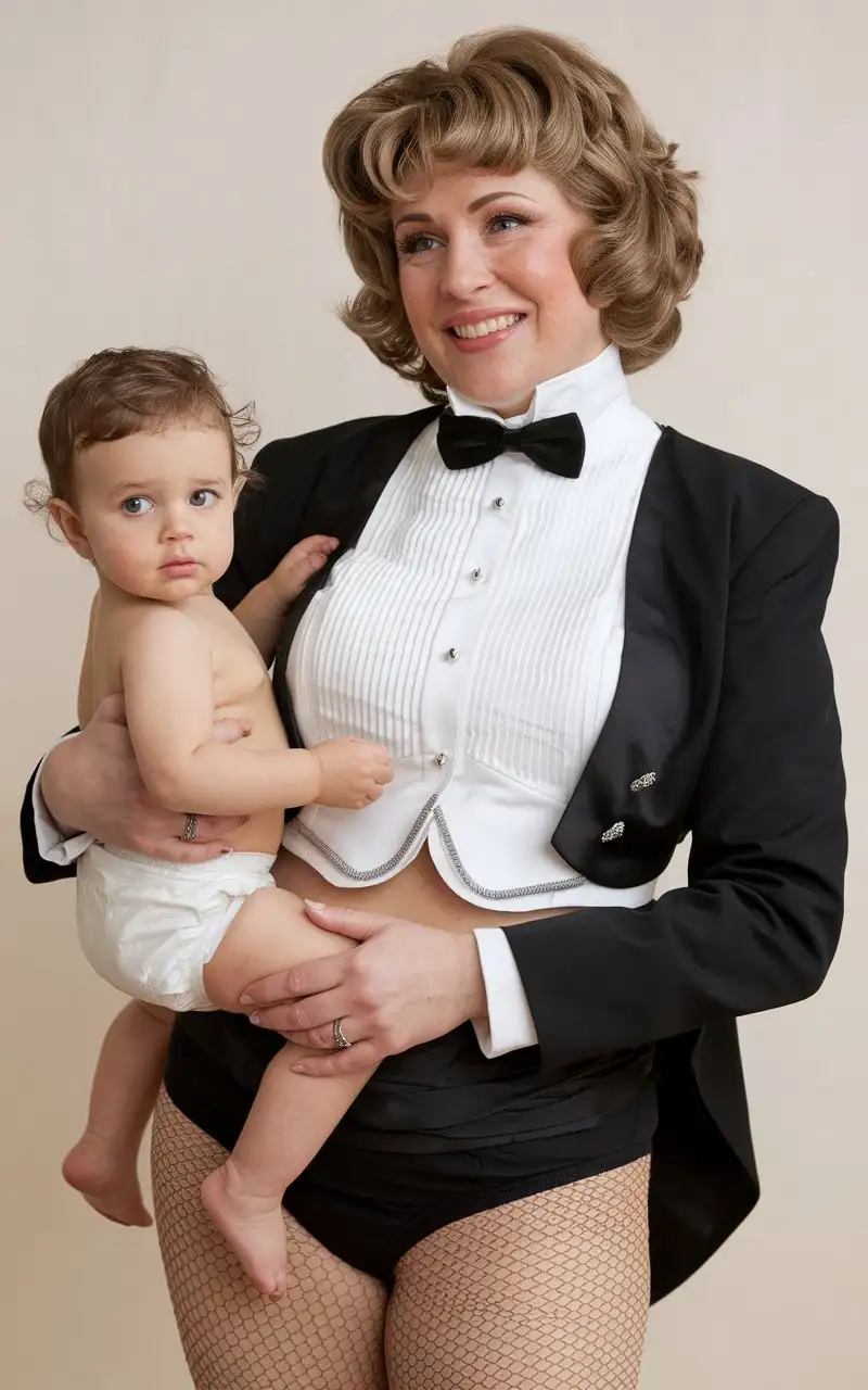Sweet beautiful middle-aged smiling busty fat obese body type with large wide hips Caucasian white female woman, with short dark blonde tight curly 1980s hair with curly bangs, wearing a very formal orchestra concert tuxedo with black long sleeve high cut cropped Eton jacket, white cropped tuxedo shirt, with tight very high standing Gladstone wingtip collar, and many thick vertical pleats front, black diamond point bow tie with black very thick wide adjustable neckband, black cummerbund, black tight high-cut spandex brief, nylons, looking at viewer while holding an older toddler wearing white disposable diapers, in a nursery with a changing table containing a large sized white with red lettering plastic rounded package of Huggies FIT-EMS DIAPERS, with older toddlers walking around the nursery in white disposable diapers, full front view.