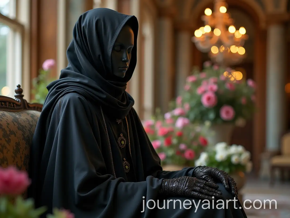 Faceless-Black-Robot-Dressed-in-Silk-Abaya-Against-a-Floral-Castle-Background