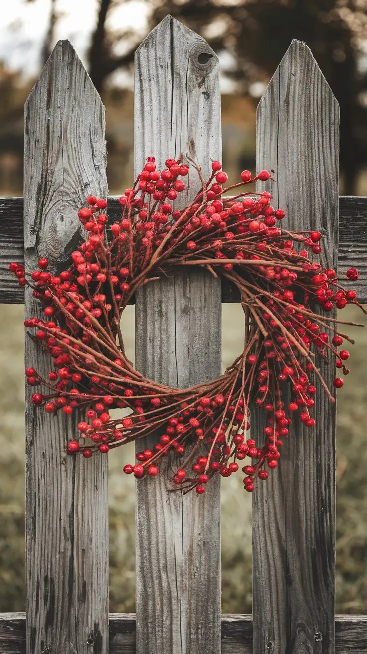 Berry-and-Twig-Wreath-on-Weathered-Wooden-Fence-in-Rustic-Outdoor-Setting