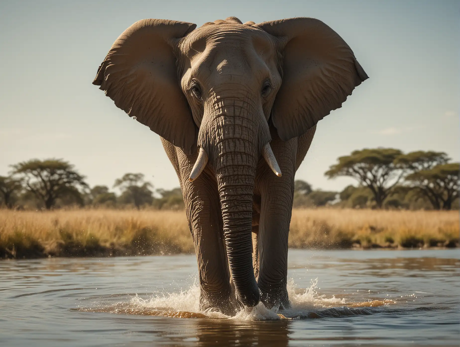 africa. savannah. very sunny day. a large elephant walking through a body of water, dynamic pose, taken using a Canon EOS R camera with a 50mm f/ 1. 8 lens, f/ 2. 2 aperture, shutter speed 1/ 200s, ISO 100 and natural light, Full Body, Hyper Realistic Photography, Cinematic, Cinema, Hyperdetail, Ultrahd, Colour Correction, ultrahd, hdr, color grading, 8k