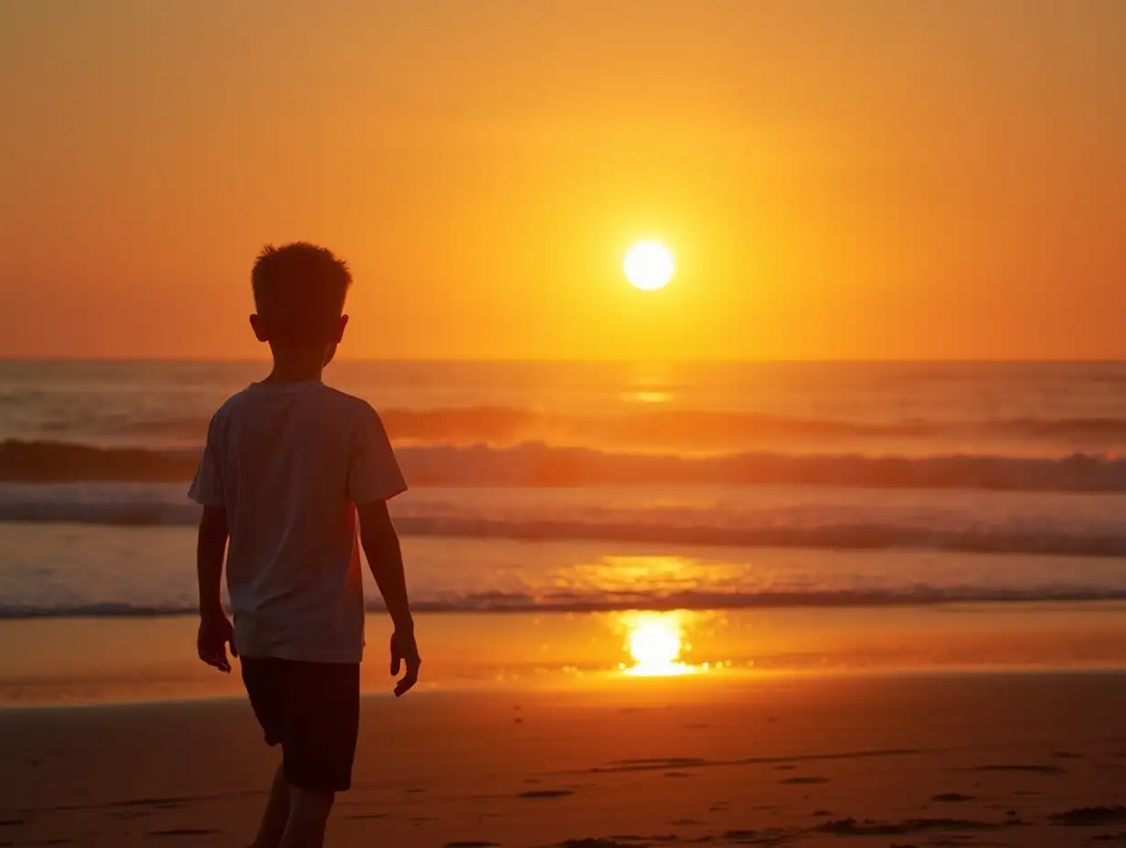 silhouette of a 15 year old boy, walking on the beach, in the evening, with a sunset