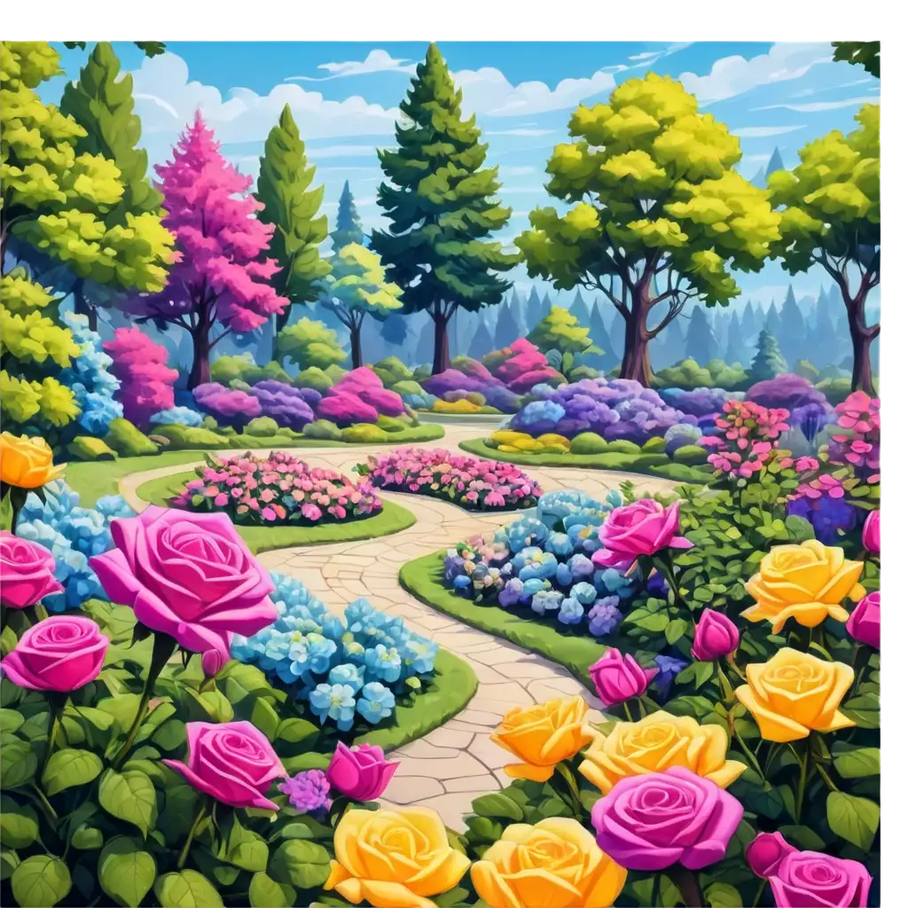 Cartoon-Style-Fantasy-Rose-Garden-PNG-Image-Vibrant-Blue-Pink-Yellow-and-Purple-Roses-with-Background-Trees