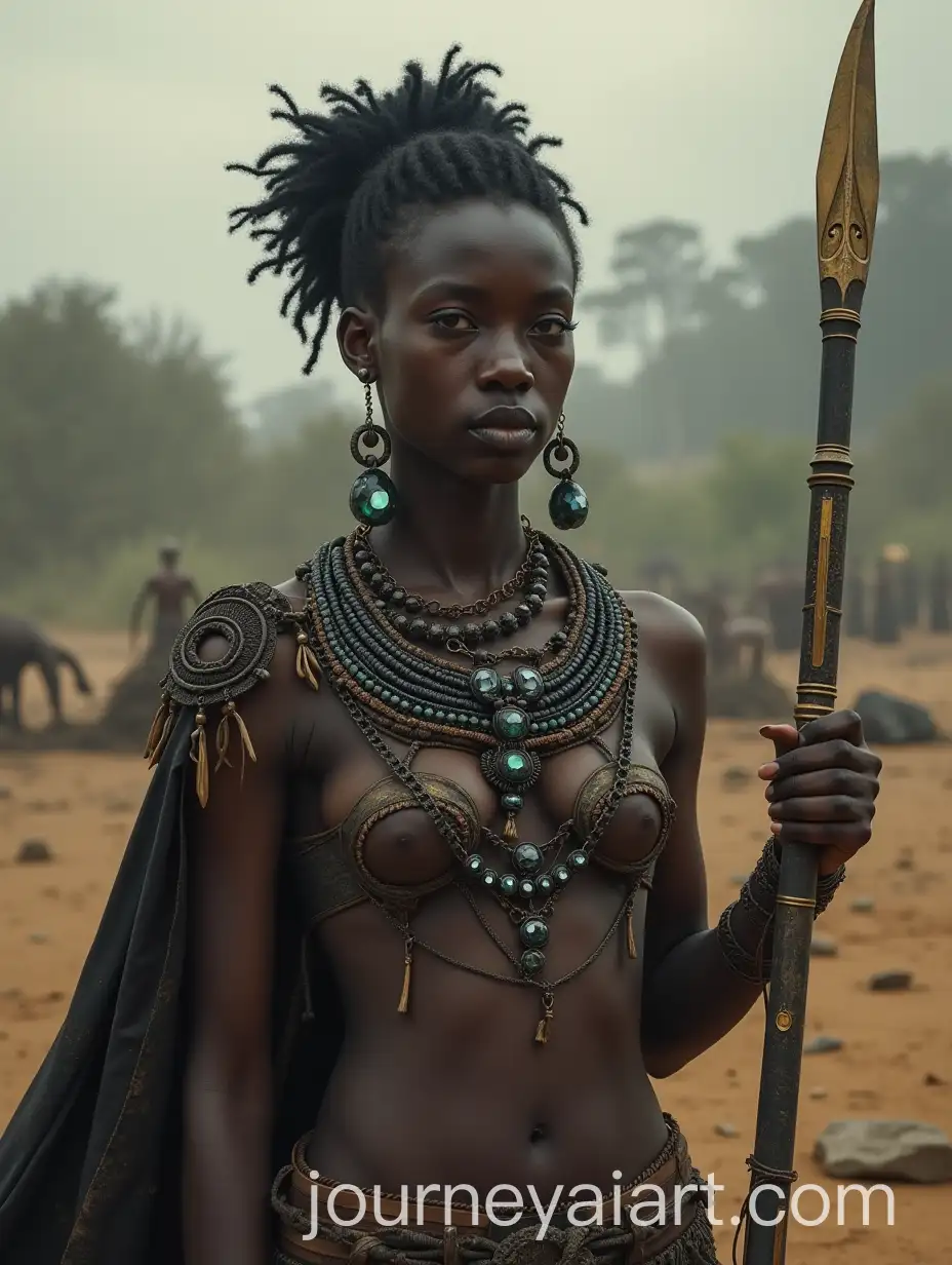 Yoruba-Character-with-Mystical-Powers-in-a-Ravaged-Land-Wielding-a-Sword-and-Spear