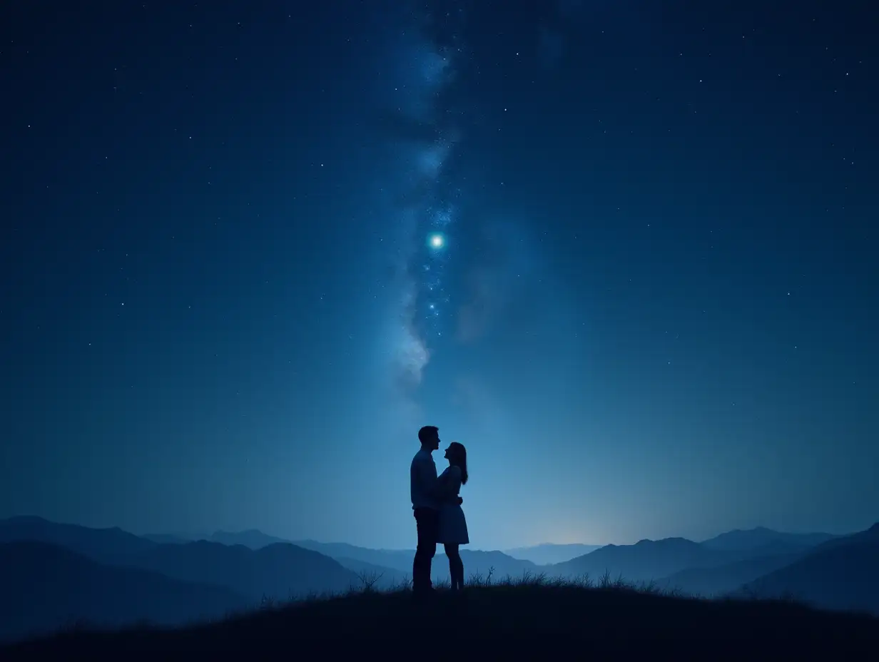 The couple stands on a small hill under an expansive star-filled sky, with faint outlines of distant mountains. Stars twinkle brightly overhead, and the soft light of the Milky Way stretches across the sky. They are holding each other close, looking up at the stars with awe and wonder. The scene is peaceful, with deep blues and gentle whites, creating a sense of infinity and closeness against the vast night sky.