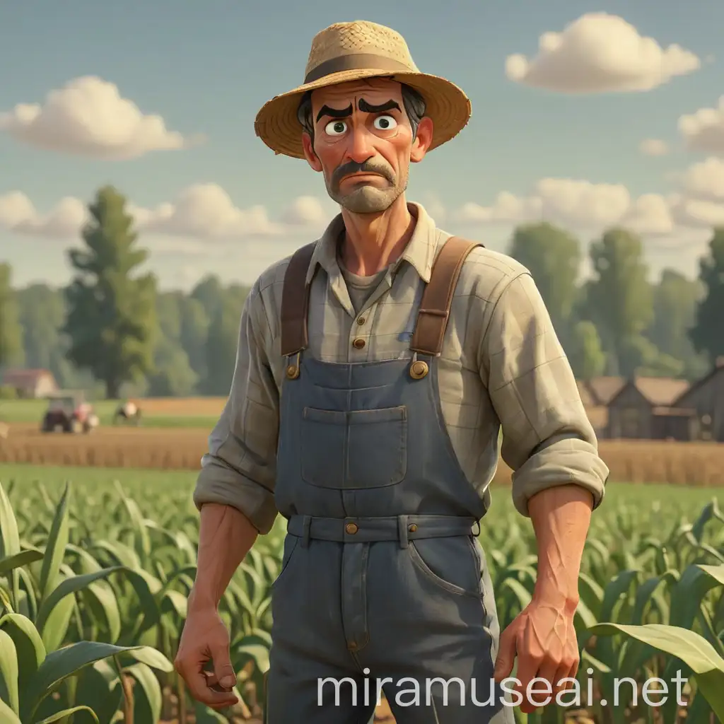 Concerned Farmer in Animated Style Observing Field Crops