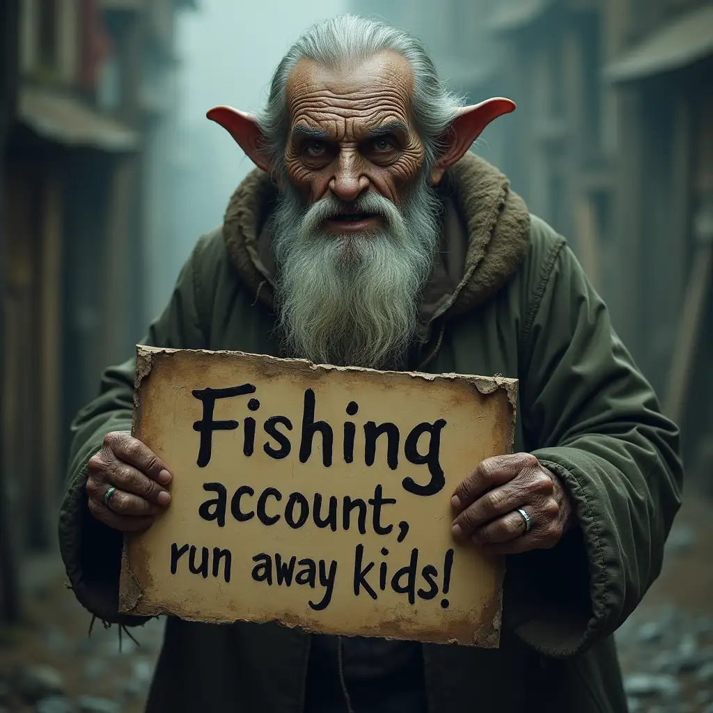 A scary old man holding a sign that says: Fishing account, run away stupid kids!