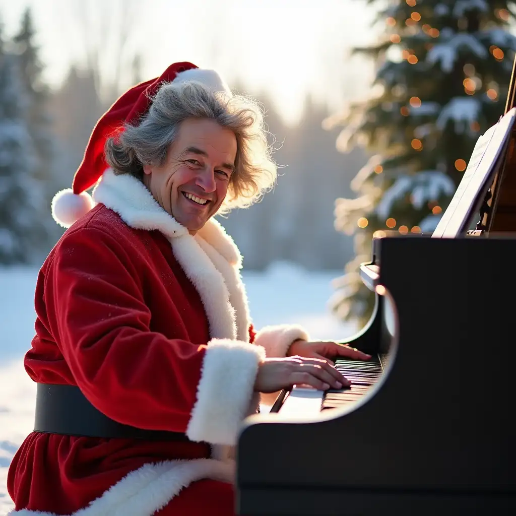 Beethoven-Playing-Piano-as-Santa-Claus-in-a-Snowy-Christmas-Landscape