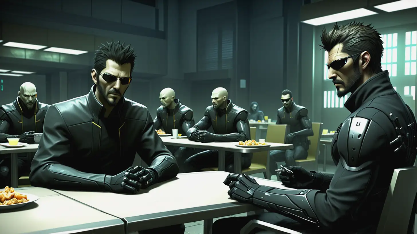 Cyberpunk Prison Scene with Adam Jensen and Others with Cybernetic Implants