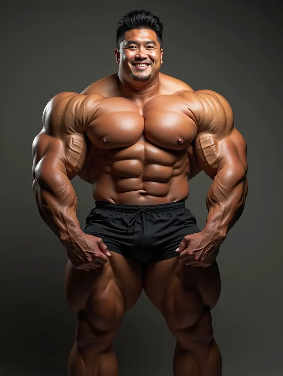 Colossal muscle mass titan-sized Hyper-muscular handsome asian male smiling extremely broad frame fit lean waist ginormous hulking bulging inflated muscles meaty plump pecs boulder shoulders muscle god hyper hypertrophy exaggerated gargantuan bulked biggest bodybuilder muscle proportions in realistic photography style steroids mega overdose sfw, chiseled jawline muscle growth drive