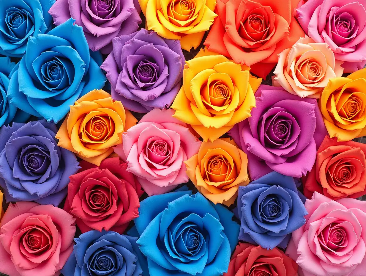 Create an image of a vibrant and colorful array of roses. The roses should be in a variety of colors including blue, purple, orange, yellow, and pink. Each rose should have a detailed and realistic appearance, with intricate petal arrangements and subtle shading to give a three-dimensional effect. The overall composition should be dense, with the roses closely packed together, creating a visually striking and harmonious pattern. The image should evoke a sense of beauty and diversity through the use of bold and vivid colors. Alcohol Ink painting