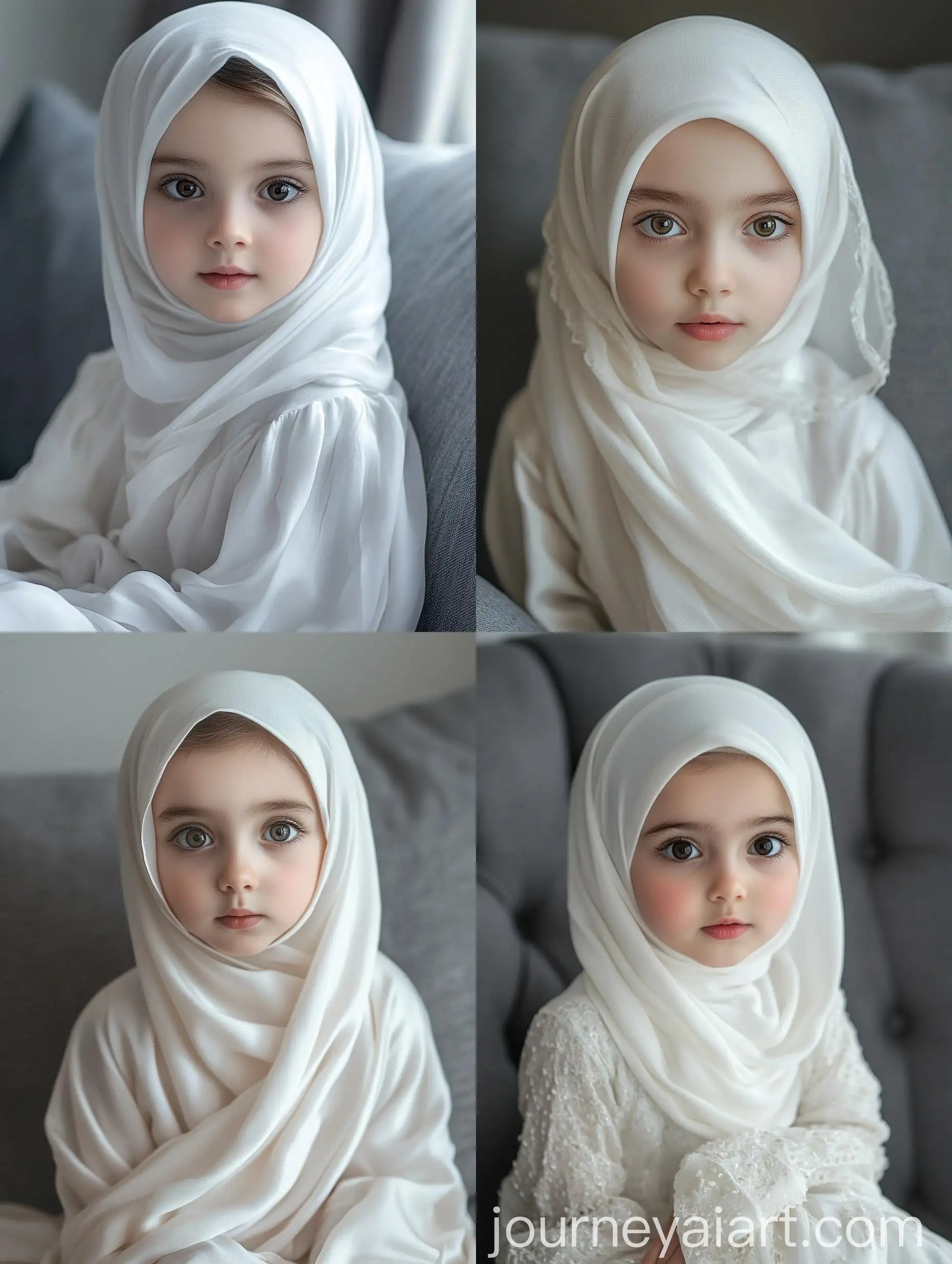 Young-Girl-in-White-Hijab-and-Silk-Dress-Sitting-on-Gray-Sofa