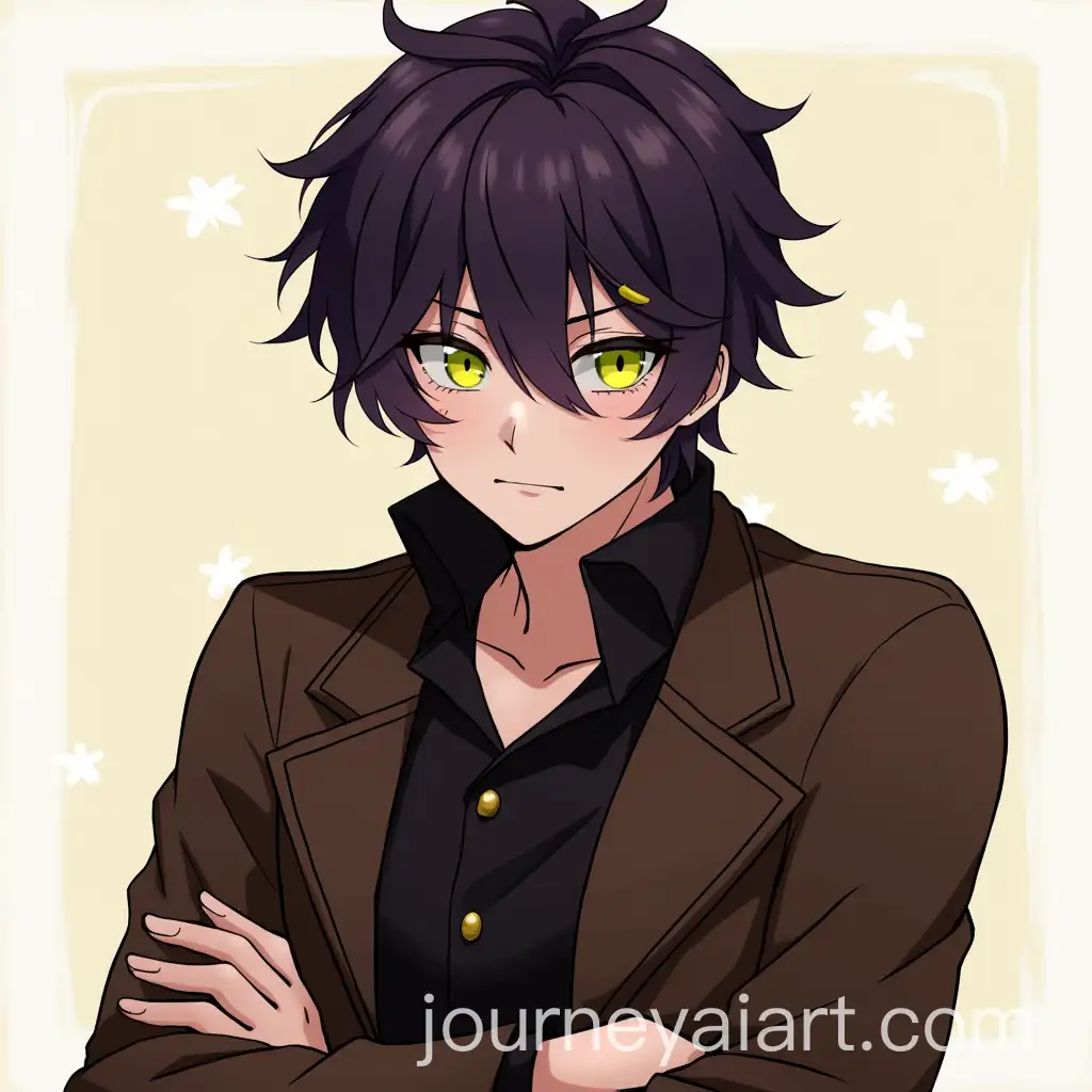 Male-with-Tarantula-Eyes-and-Faded-Purple-Hair-in-Brown-Jacket