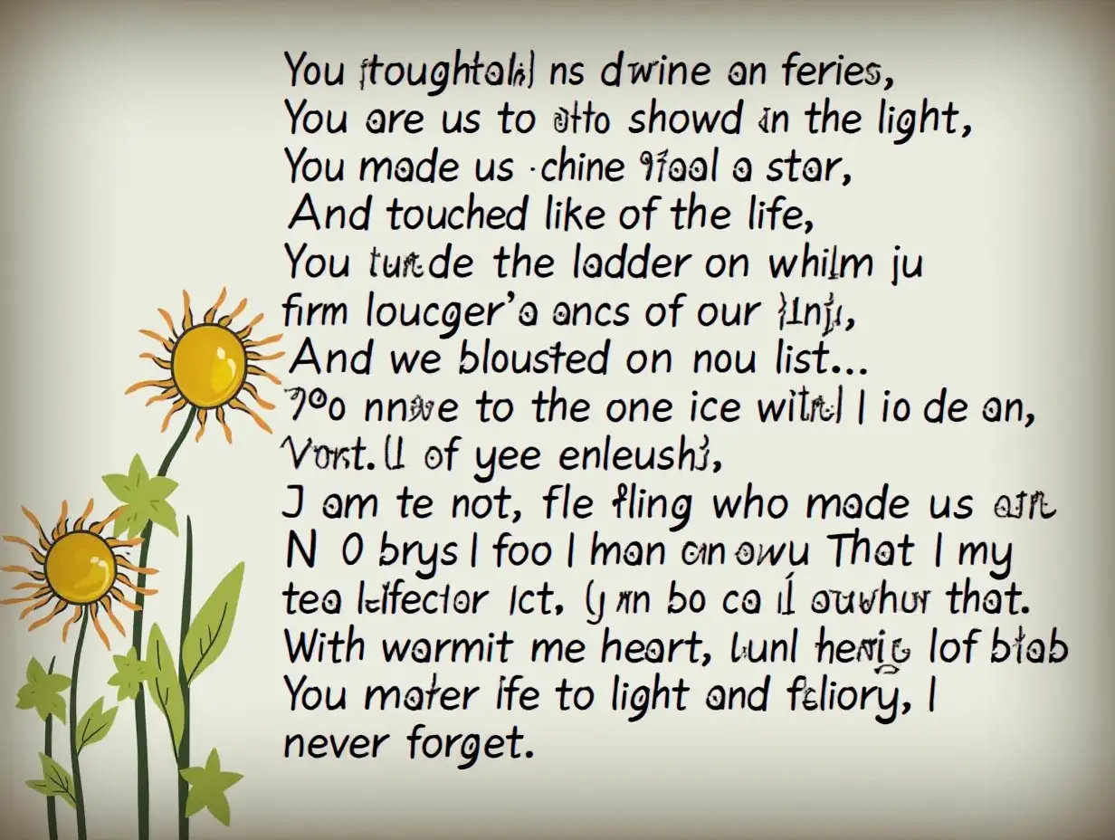 You taught us to read and write,nYou are the one who showed us the light,nYou made us to shine like a star,nAnd we blossomed like a beautiful flower.nnYou are the ladder on which we climb,nAnd touched the highs of our life. nYou are the one who made us to fly nLike a bird free in the sky.nnI feel proud, to be here.nI am not feeling any fear: because I know nThat you are always there.nO my teacher dear, O my teacher dear.nnWith warmth of my heart, I can say thatnYou make me feel the light and glory,nI can never forget.