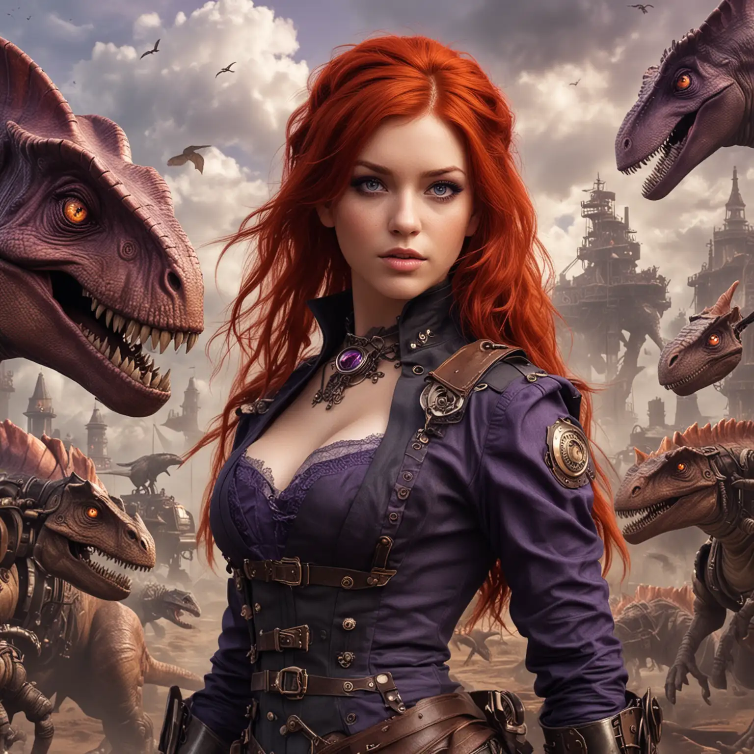 Steampunk-Female-Character-with-Red-Hair-and-Purple-Eyes-in-a-DinosaurFilled-Background