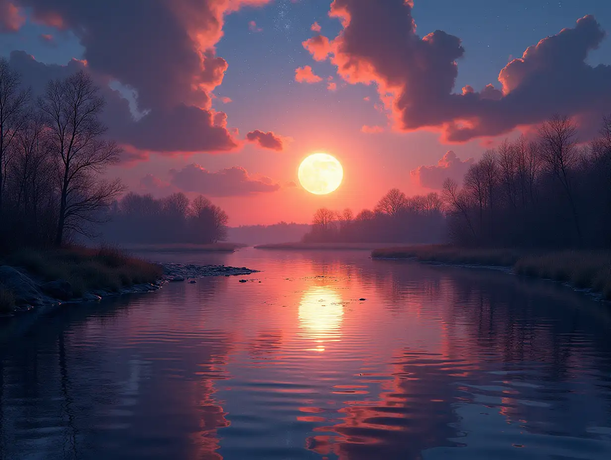 The spring river breathes in twilight, its waters molten gold where the dying sun lingers. Crimson clouds fade into violet shadows as the moon, a luminous pearl, ascends the eastern veil. Silver ripples chase each other across the endless expanse, mirroring constellations that tremble in liquid cosmos.