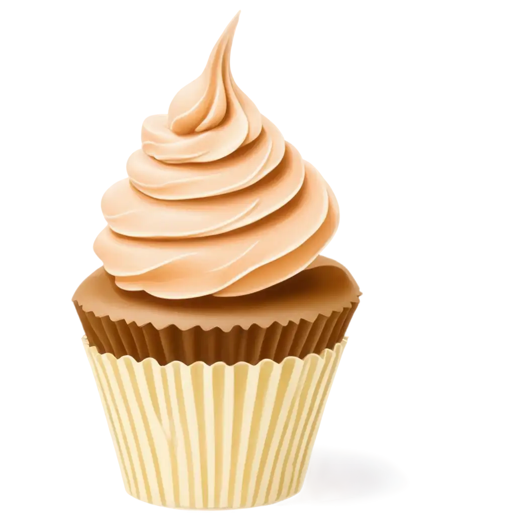 Create a realistic cupcake outline in PNG format with a transparent background. The cupcake cake outline should be in brown color, showing clear, smooth, and detailed contours. The cream/frosting outline should be in yellow color, delicately tracing the swirls of the frosting. The overall style should be clean and minimalistic but realistic enough to highlight the texture of both the cake and the cream. No fill colors—only the outlines with the specified colors.