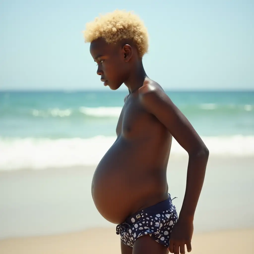 Handsome-Cute-10YearOld-African-Boy-with-Blonde-Curly-Hair-on-a-Beach-with-a-Slender-Frame