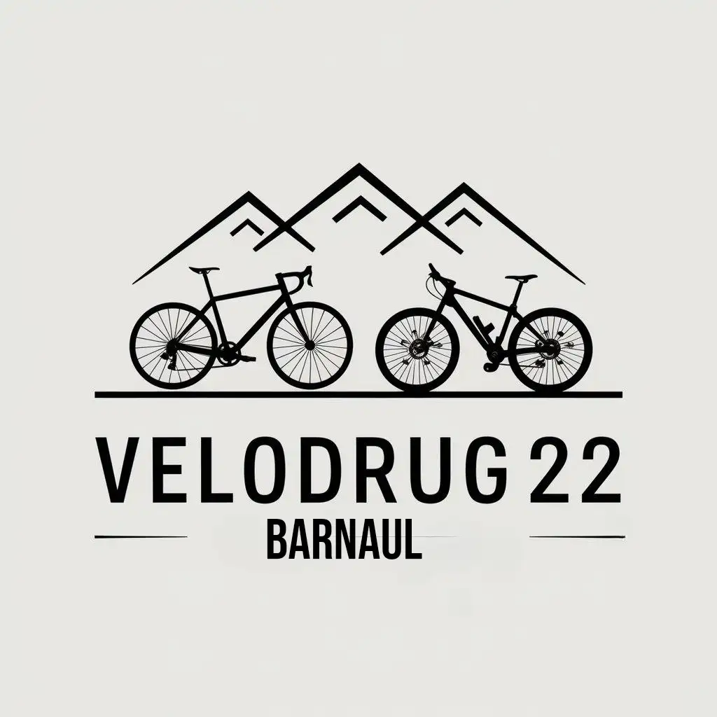 a vector logo design,with the text "Velodrug22", main symbol:Two bicycles, a road bike and mtbr, journeys, mountains, road, Barnaul,Moderate,be used in Travel industry,clear background