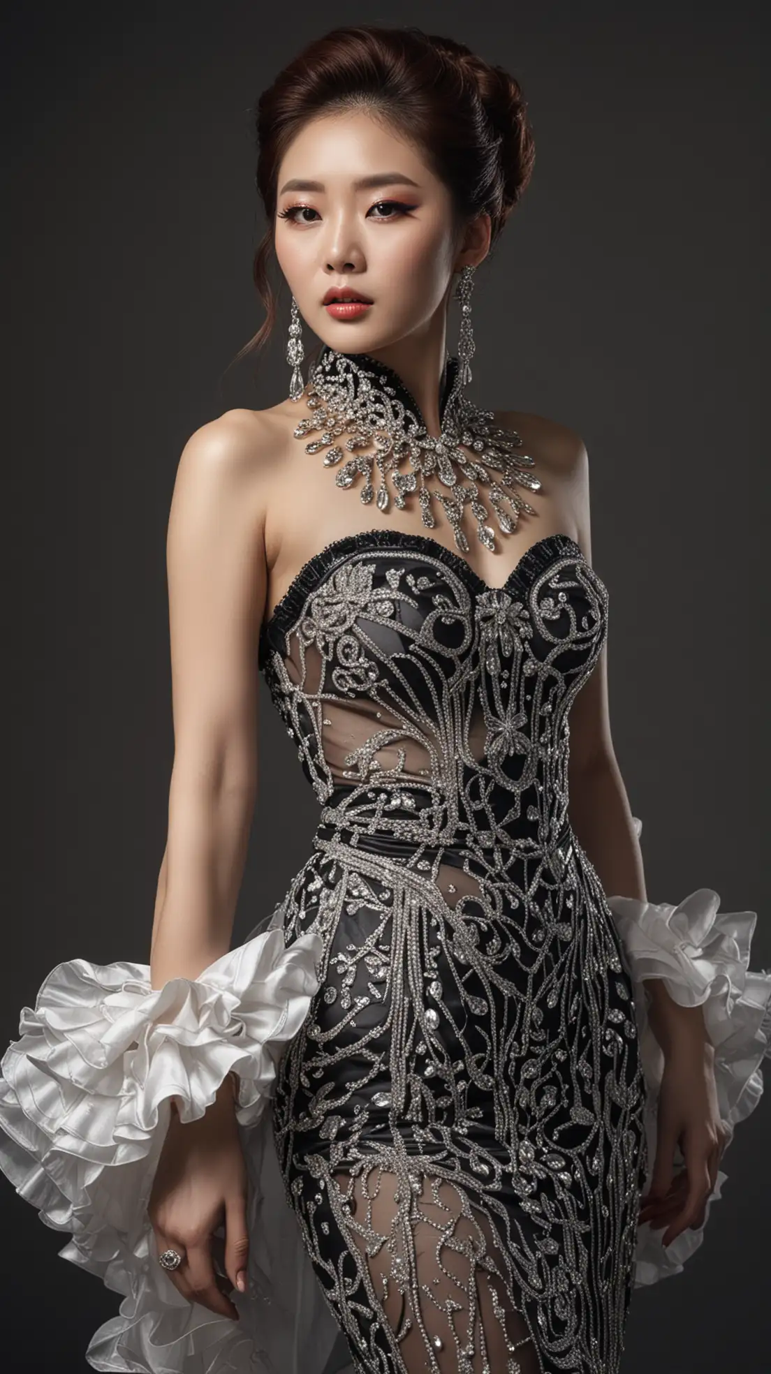 Korean-Race-Queen-in-Elegant-Dress-and-Haute-Couture-Jewelry-Posing-Seductively